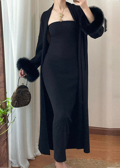 Modern Coffee Knit Cotton Long Cardigans and Long Dress Two Pieces Set Winter