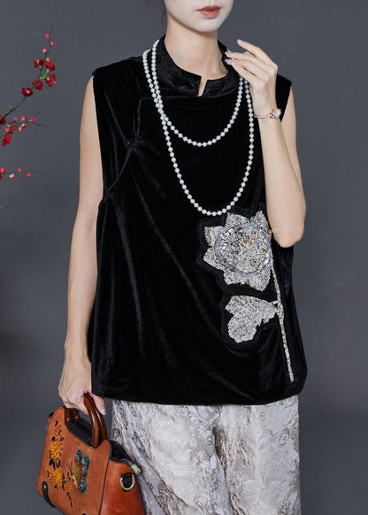 Black Sequins Mandarin Collar Silk Velour Vests Spring