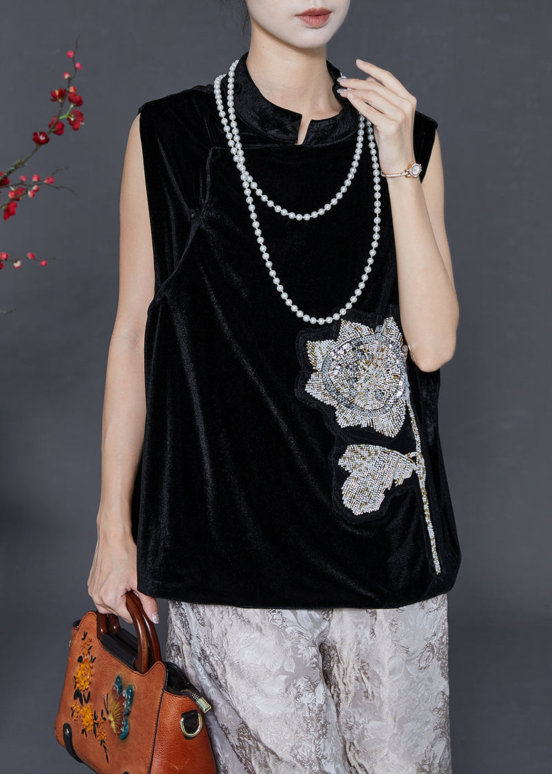 Black Sequins Mandarin Collar Silk Velour Vests Spring