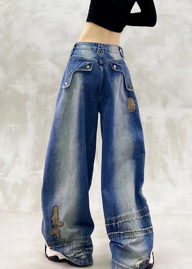 Diy Blue Embroidered Zippered Denim Wide Leg Pants Spring
