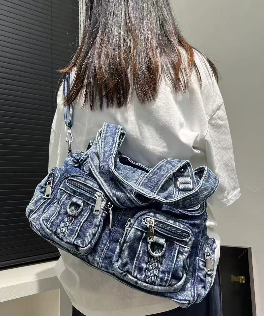 Art Blue Pockets Durable Denim Shoulder Bags