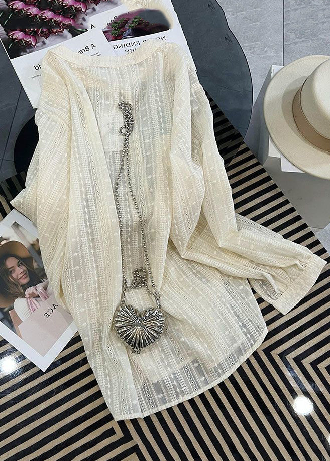 White Hollow Out Chinese Button Cotton Upf 50+ Shirt Tops Fall