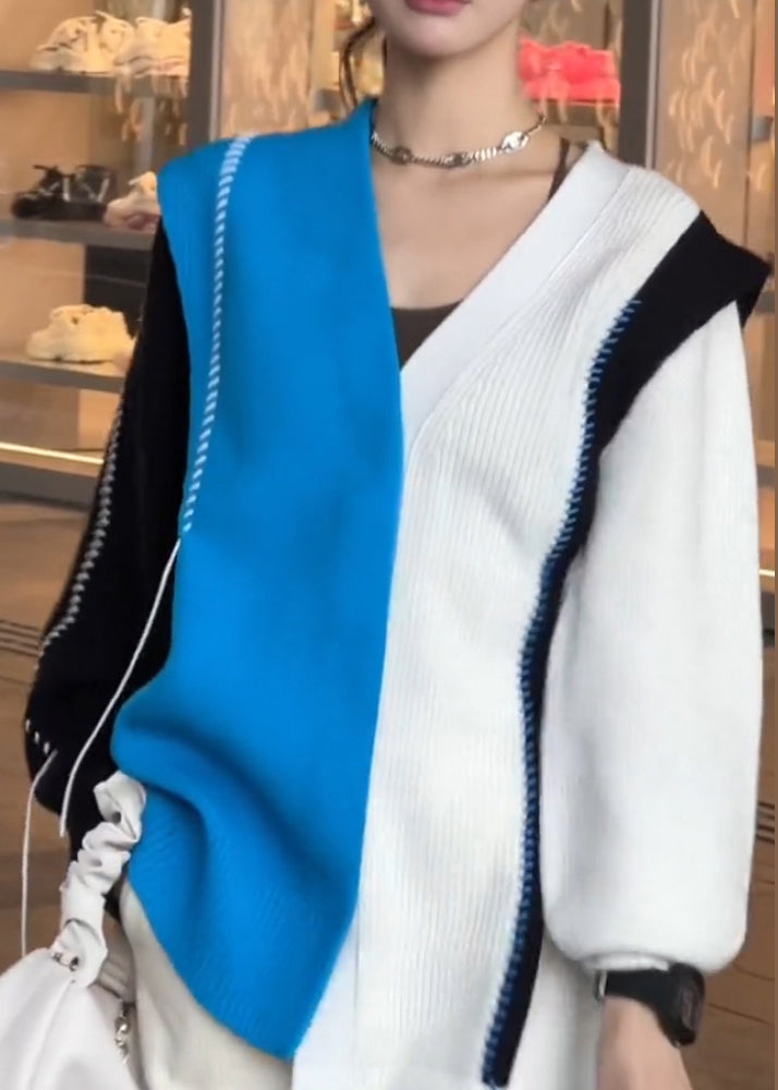 Colorblock V Neck Asymmetrical Patchwork Knit Tops Fall