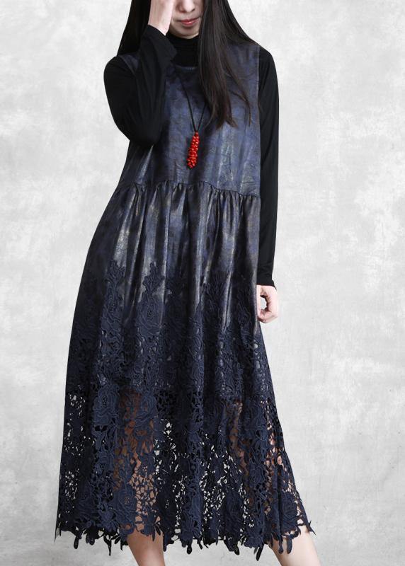 100% Hollow Out Patchwork Dresses Lnspiration Dark Blue Maxi Dress Fall