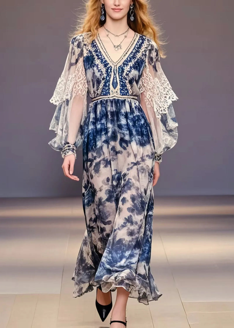 Navy Print Chiffon Party Dress Lantern Sleeve Spring