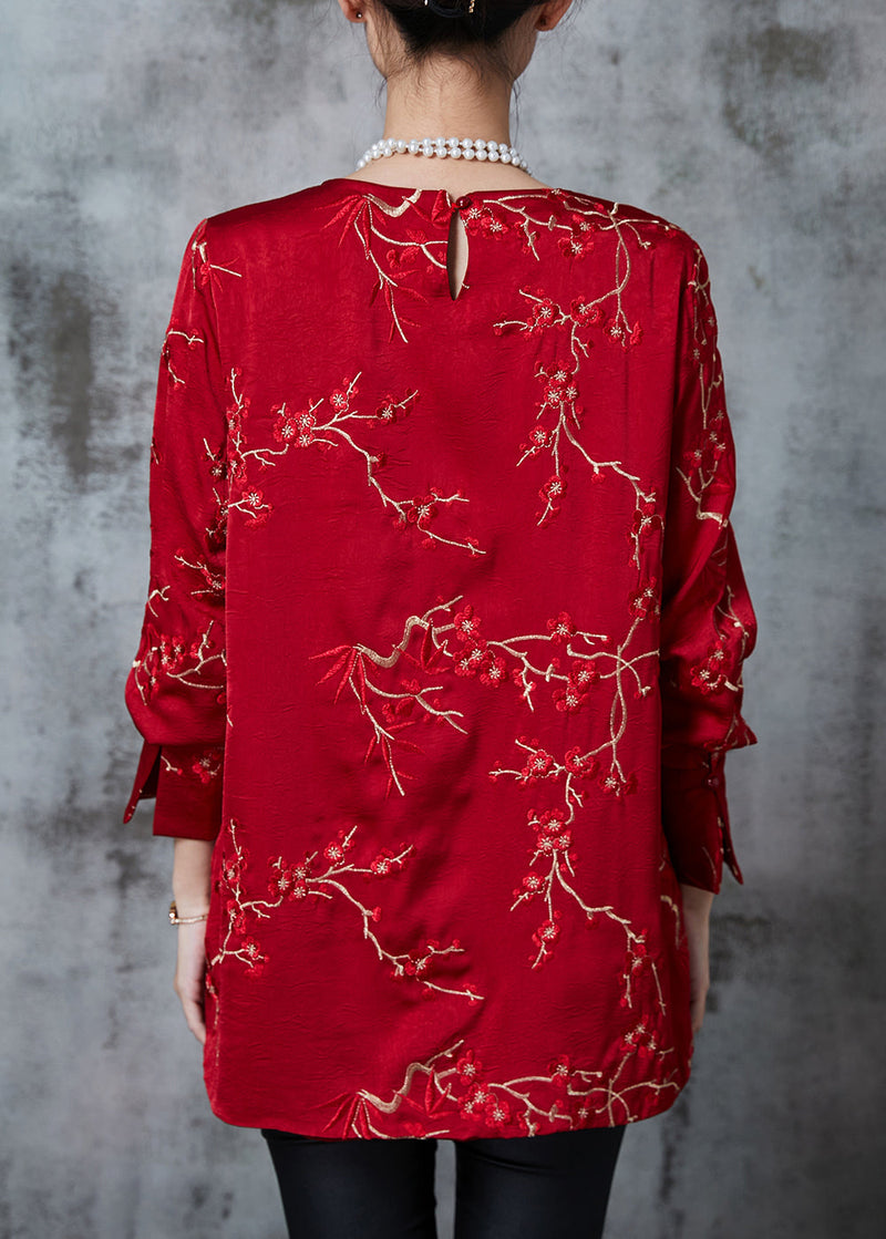 Red Embroidered Silk Blouses Fall