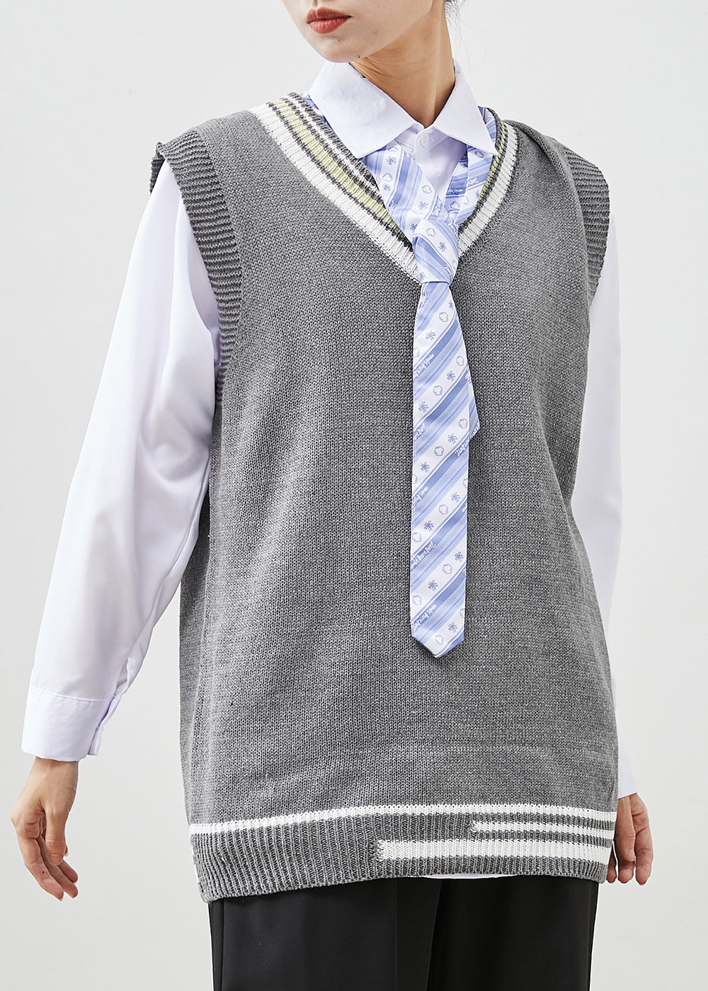 Diy Grey V Neck Knit Vest and Shirt Three Pieces Set Spring