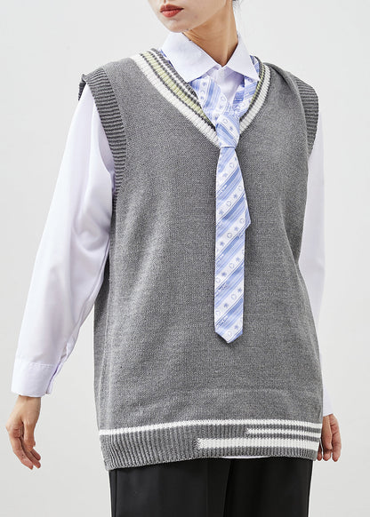 Diy Grey V Neck Knit Vest and Shirt Three Pieces Set Spring