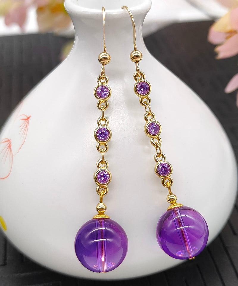Skinny Purple Smooth Finish 14k Gold Crystal Tassel Drop Earrings