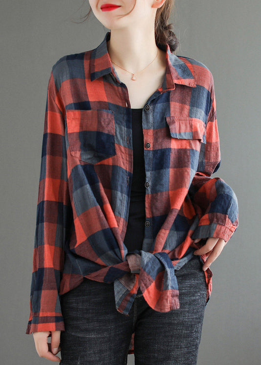 Red Pockets Peter Pan Collar Plaid Button Shirt Long Sleeve