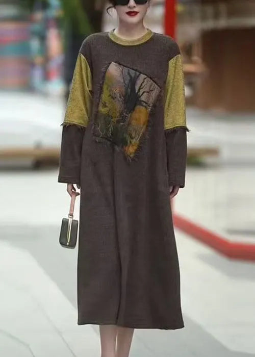 Coffee O-neck Patchwork Knit Dress Winter