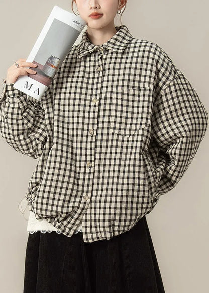Black Plaid Pockets Oversized Cotton Filled Blouses Coat Peter Pan Collar