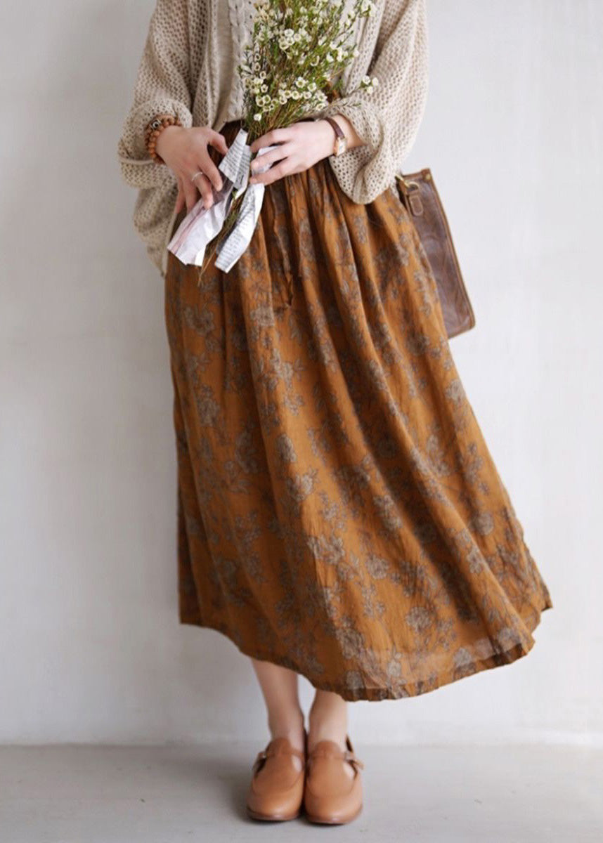 Coffee Print Pockets Elastic Waist Cotton Skirts Spring