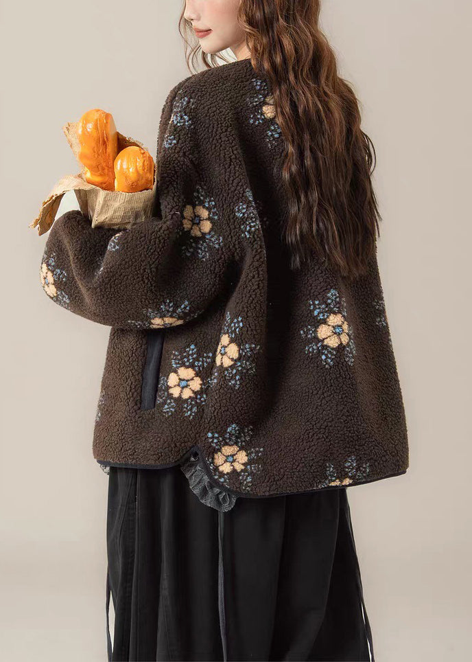 Apricot Pockets Coat and Yellow T Shirts Patchwork Fluffy Two Pieces Set O Neck