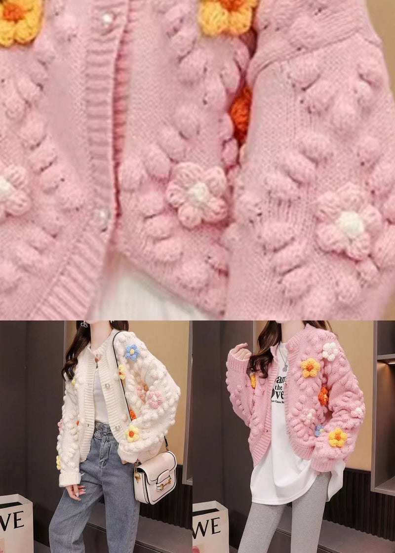 French Pink O Neck Patchwork Knit Cardigan Fall