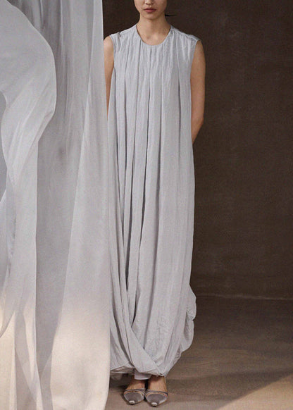 Loose Light Blue O-neck Wrinkled Long Dress Sleeveless