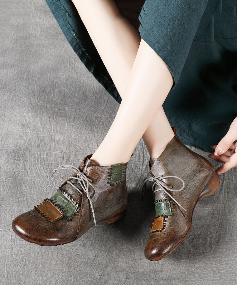 Lace Up Splicing Wedge Boots Camel Cowhide Leather