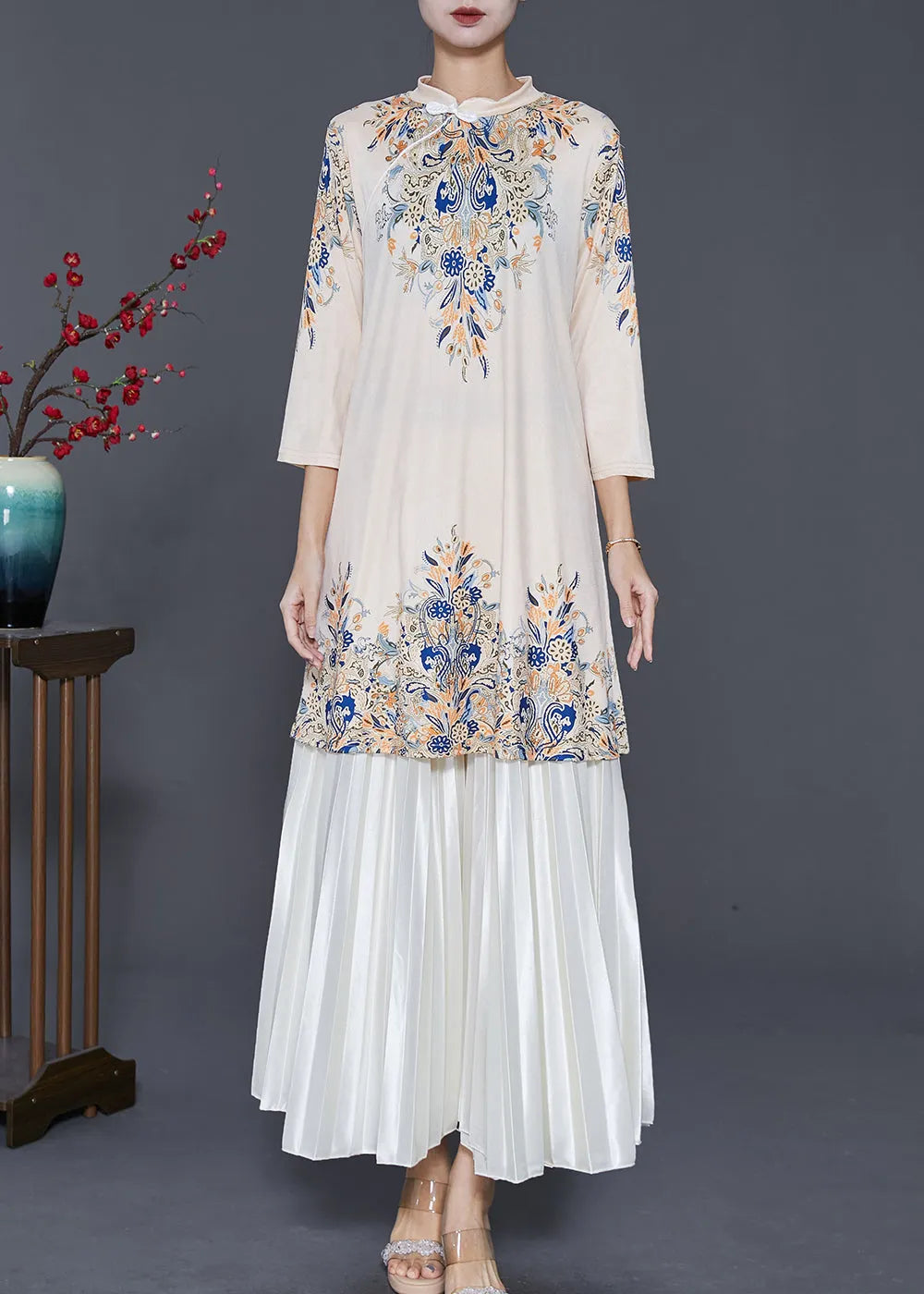 Boutique Apricot Mandarin Collar Print Silk Dress and Pleated Skirt Two Pieces Set Spring