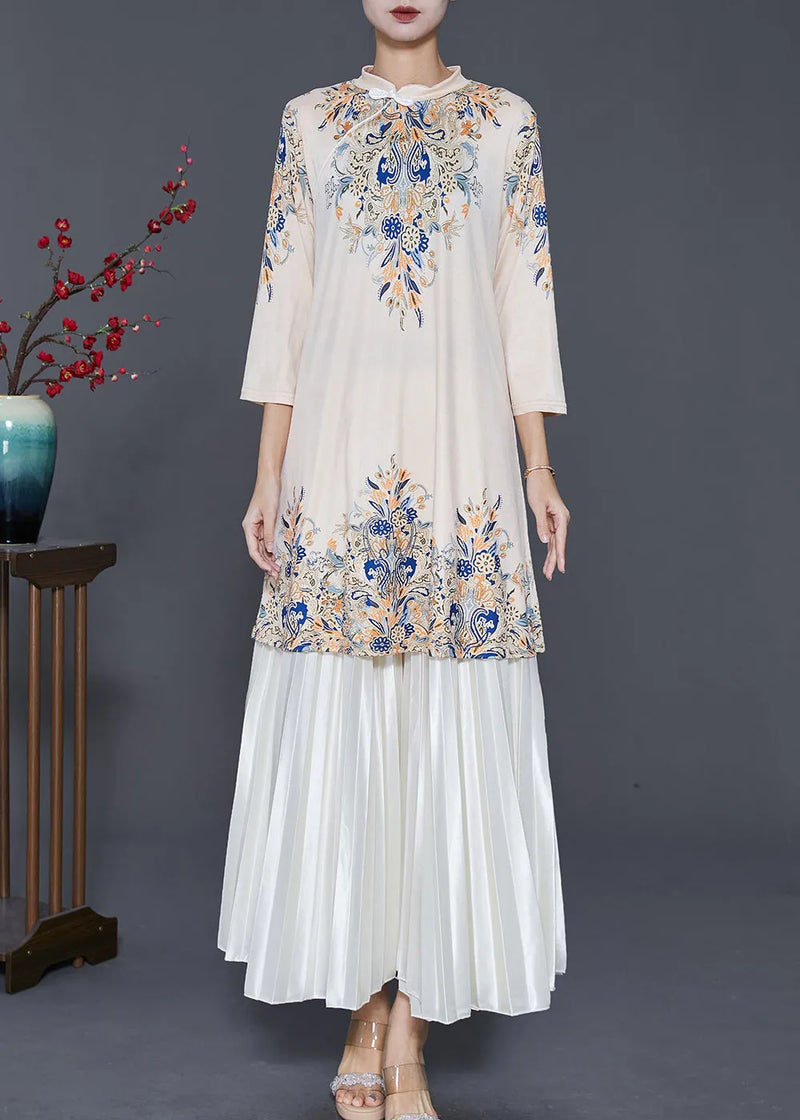 Boutique Apricot Mandarin Collar Print Silk Dress and Pleated Skirt Two Pieces Set Spring