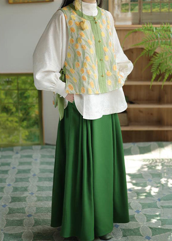 Chinese Style Green Button Lace Up Patchwork Three Piece Set Fall