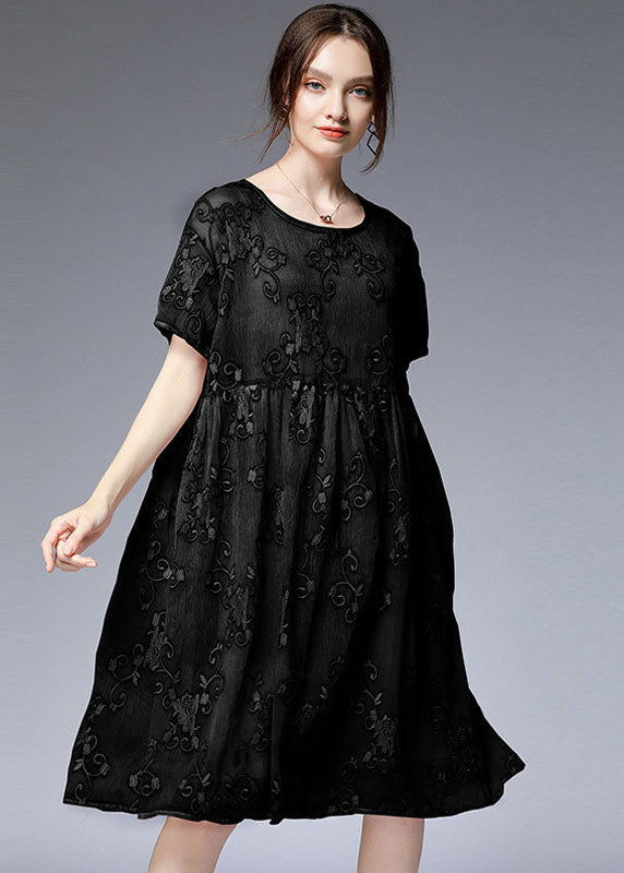 Black O-neck Embroideried Patchwork Dresses Two Pieces Set Summer