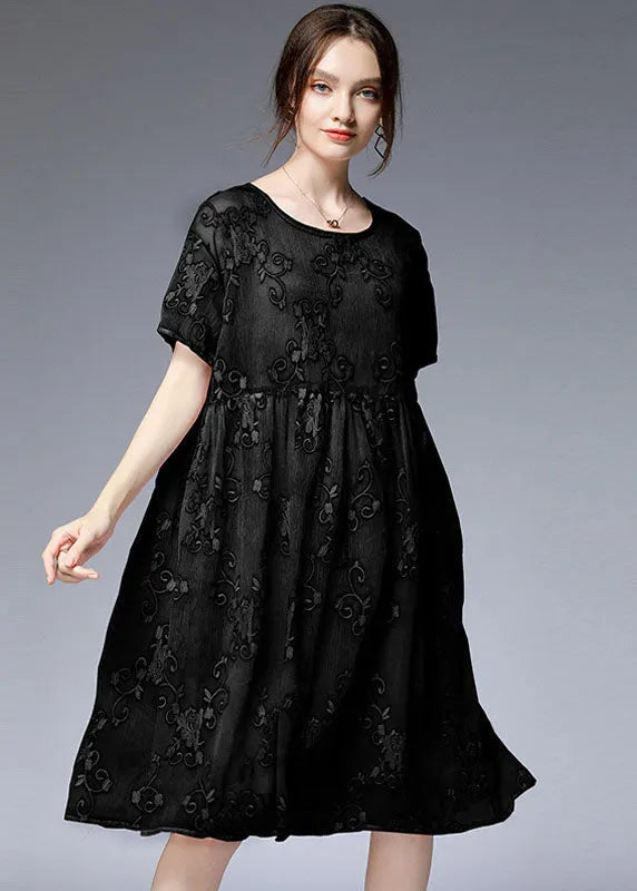 Black O-neck Embroideried Patchwork Dresses Two Pieces Set Summer