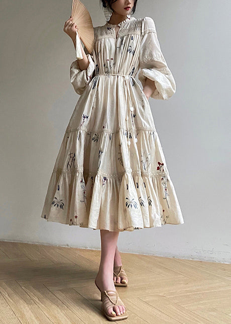 Loose Beige Embroidered Ruffled Pockets Linen Dress Long Sleeve Summer