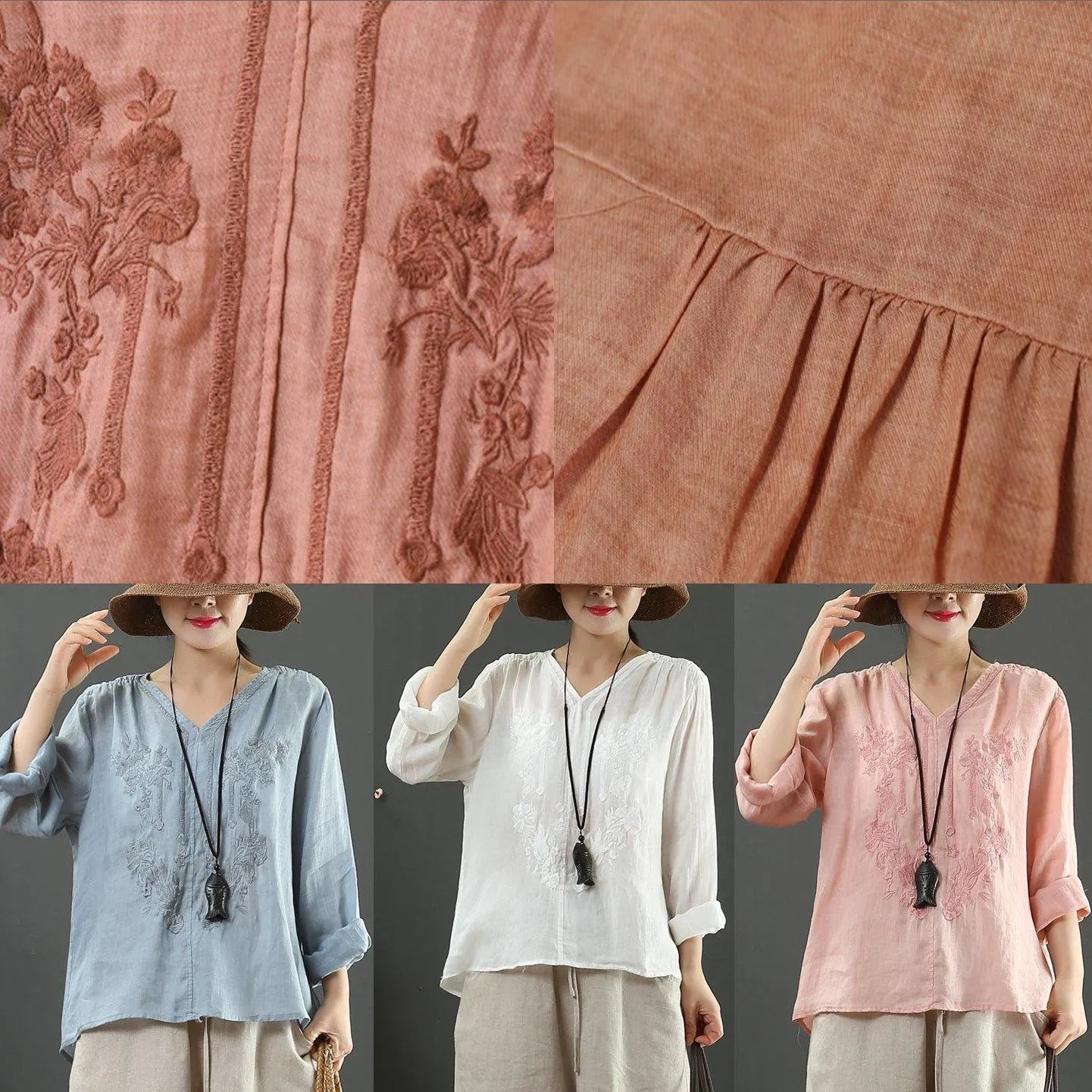 Handmade White Embroidery Shirts V Neck Box Spring Shirts