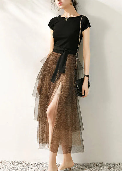 Vogue Black O-neck T Shirts and Tulle Maxi Skirts Two Pieces Set Summer