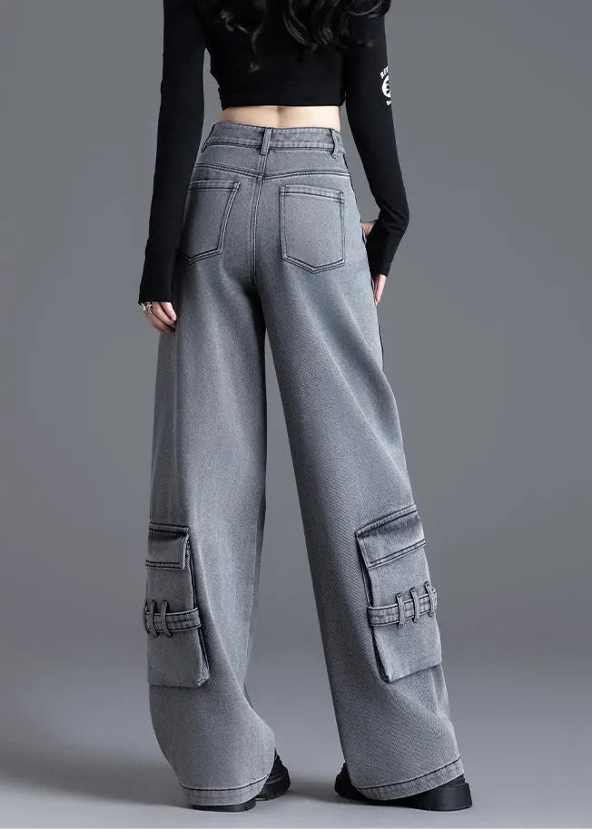Black Pockets Patchwork High Waist Denim Pants Spring