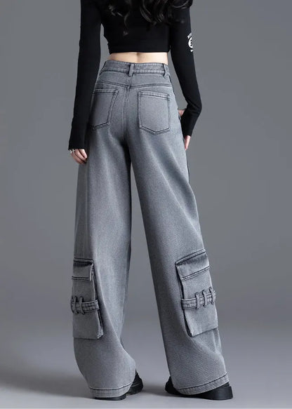 Black Pockets Patchwork High Waist Denim Pants Spring