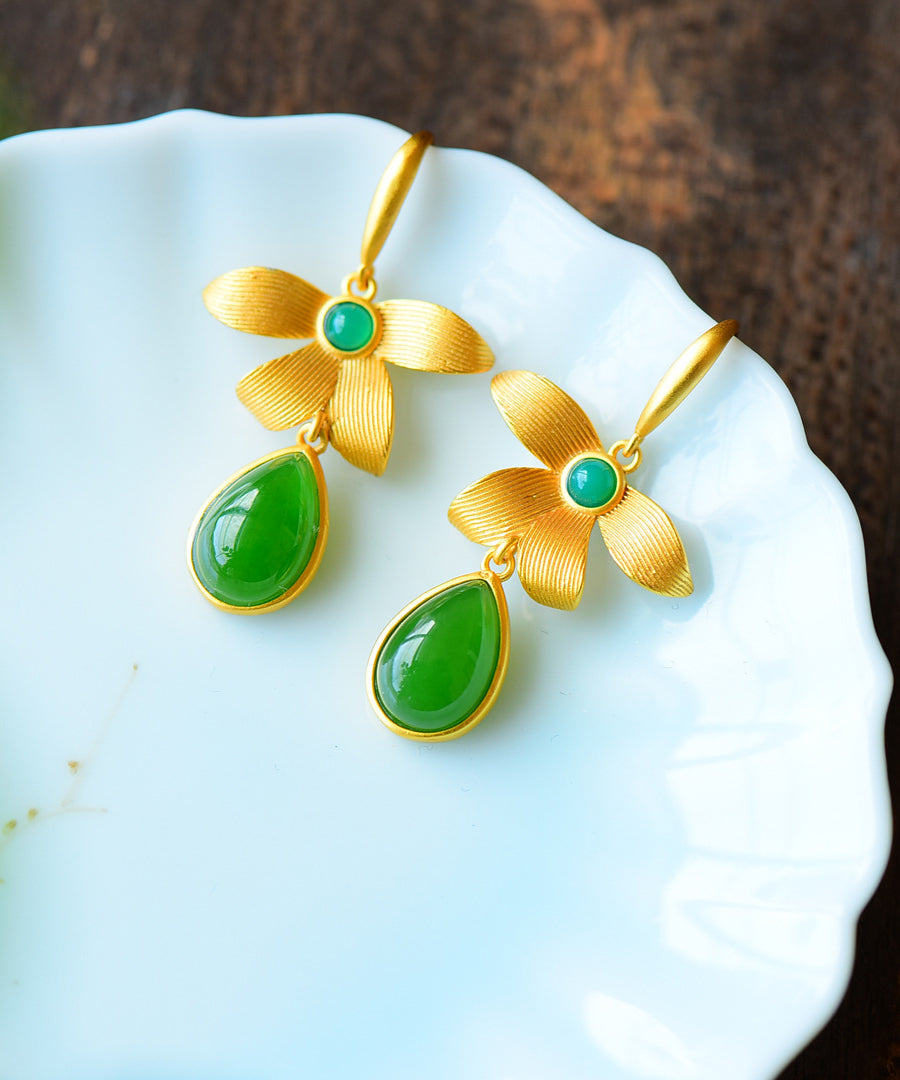 Gold Sterling Silver Overgild Inlaid Jade Drop Earrings