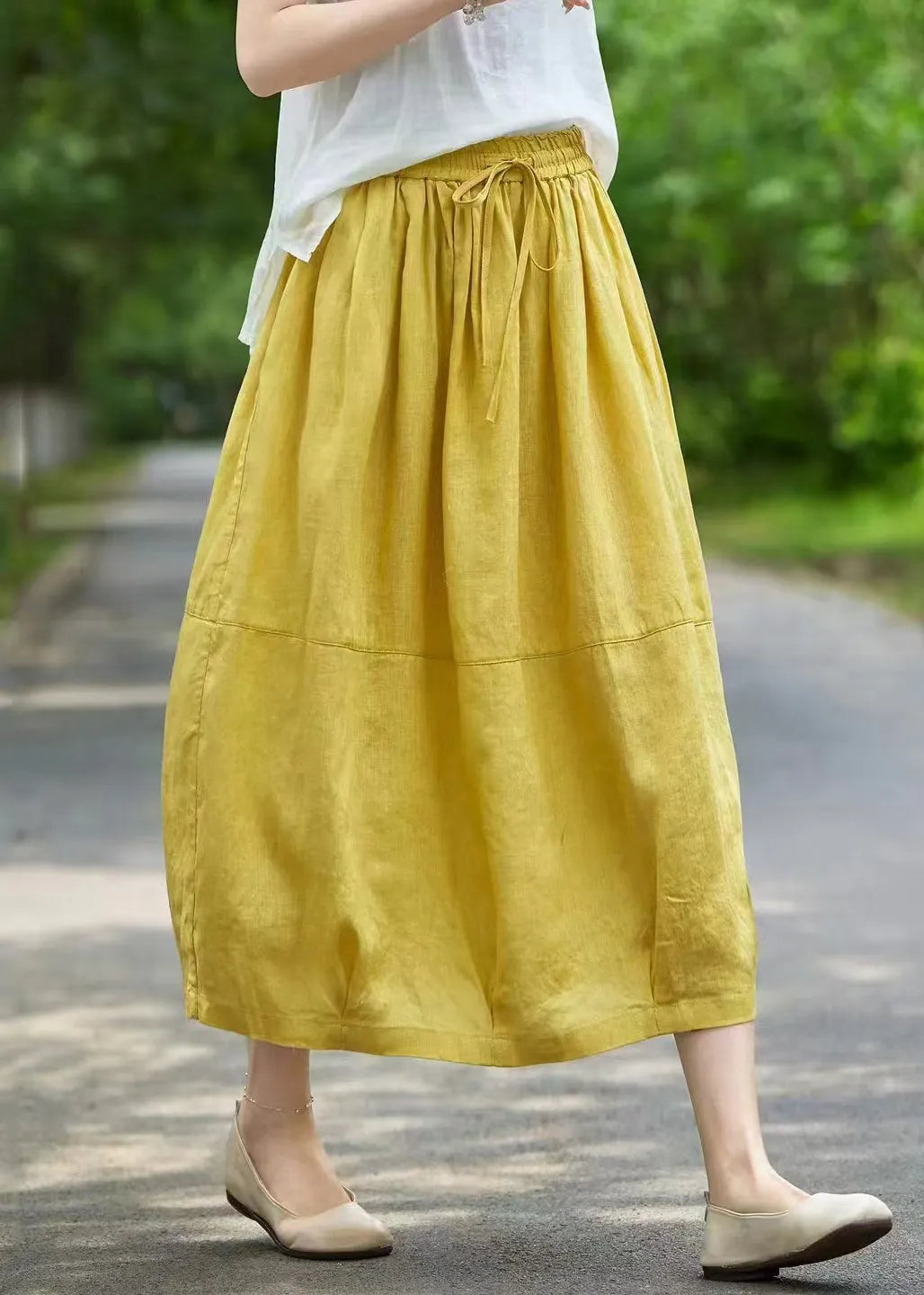 Simple Yellow Lace Up Elastic Waist Linen a Line Skirts