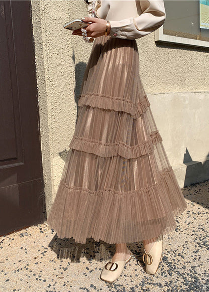 Khaki High Waist Wrinkled Tulle Cake Skirt Spring