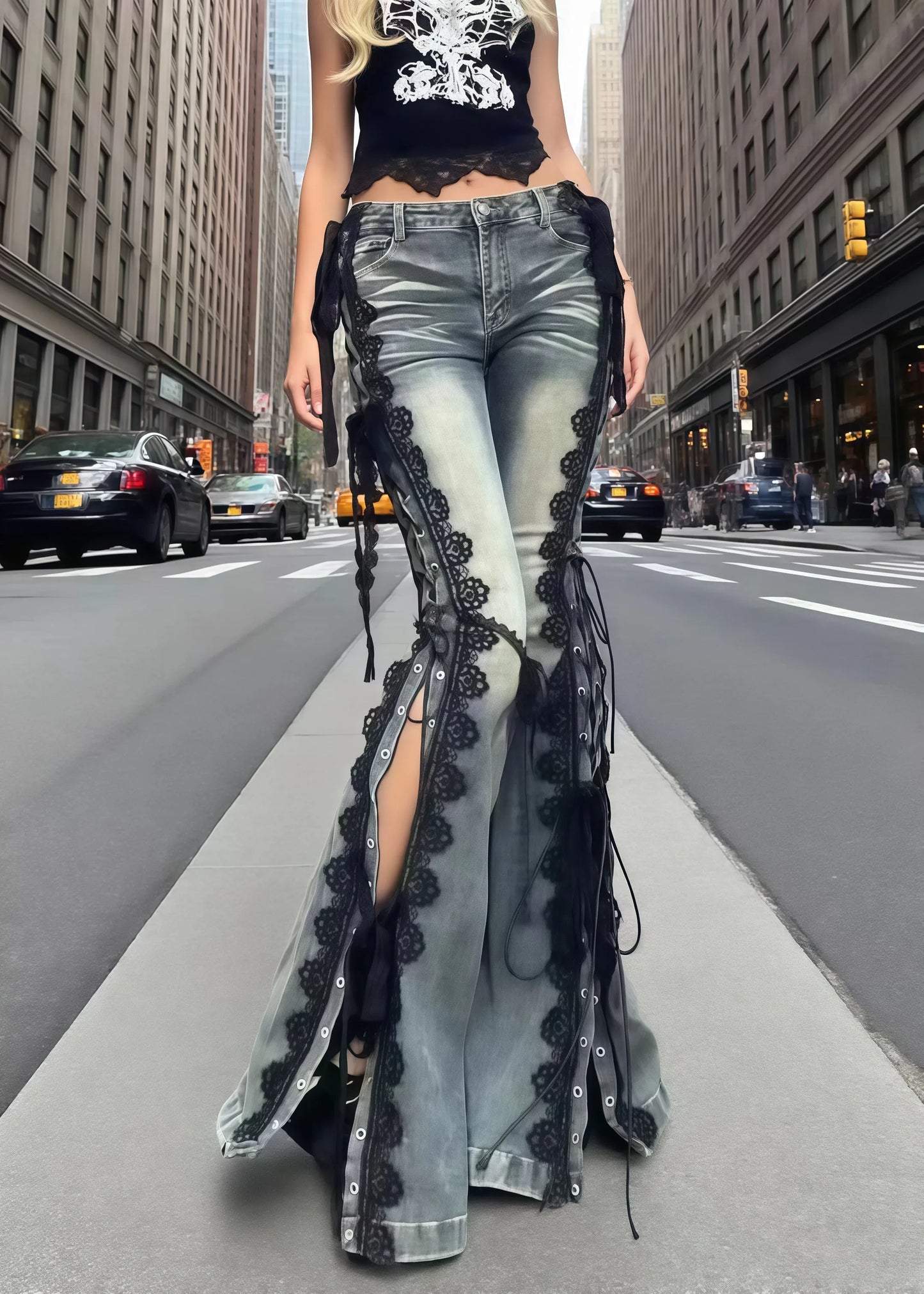 Stylish Lace Patchwork Side Open Denim Bell-bottom Trousers Summer