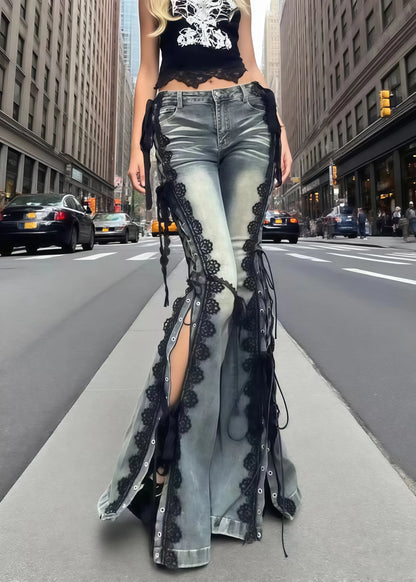 Stylish Lace Patchwork Side Open Denim Bell-bottom Trousers Summer