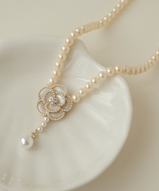 Modern White Copper Overgild 14k Gold Zircon Pearl Resin Pendant Necklace