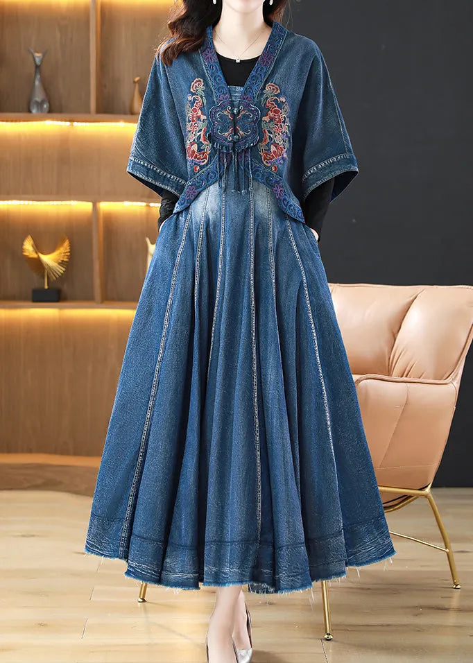 Blue Wrinkled Embroideried Patchwork Denim Three Pieces Set Fall