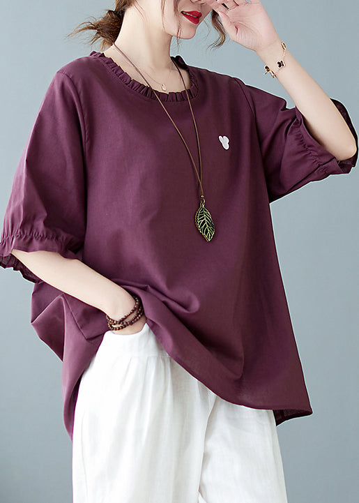 Purple Red O-neck Embroideried Ruffled Top Short Sleeve
