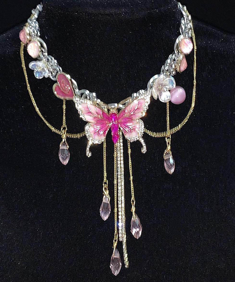 Style Pink Stainless Steel Butterfly Tassel Lariat Necklace