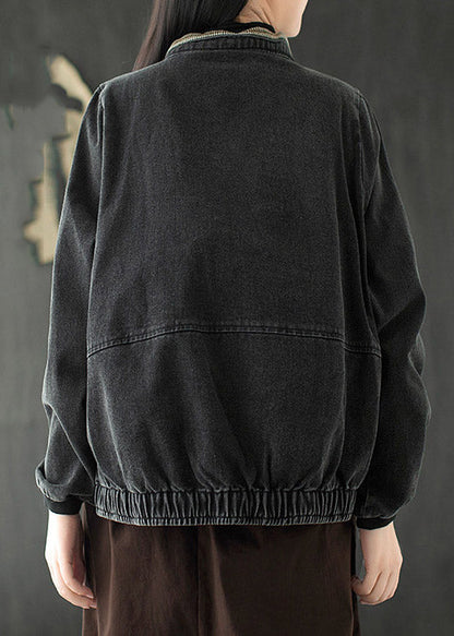Black Stand Collar Patchwork Denim Coats Long Sleeve
