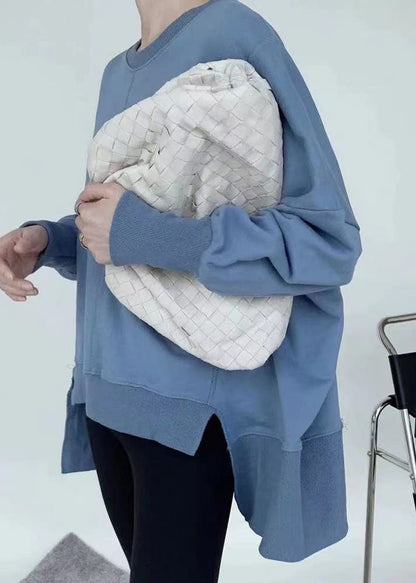 Blue Cotton Loose Sweatshirt O-neck Low High Design Spring