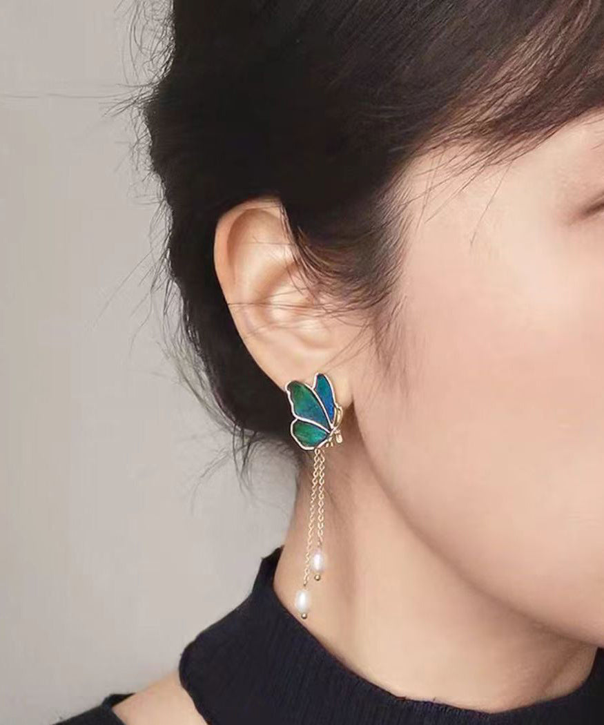 Gradient Color Blue Copper Overgild Pearl Tassel Butterfly Drop Earrings