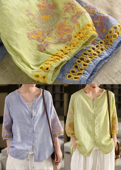 Sky Blue Linen Tops Oversized Embroidered Bracelet Sleeve