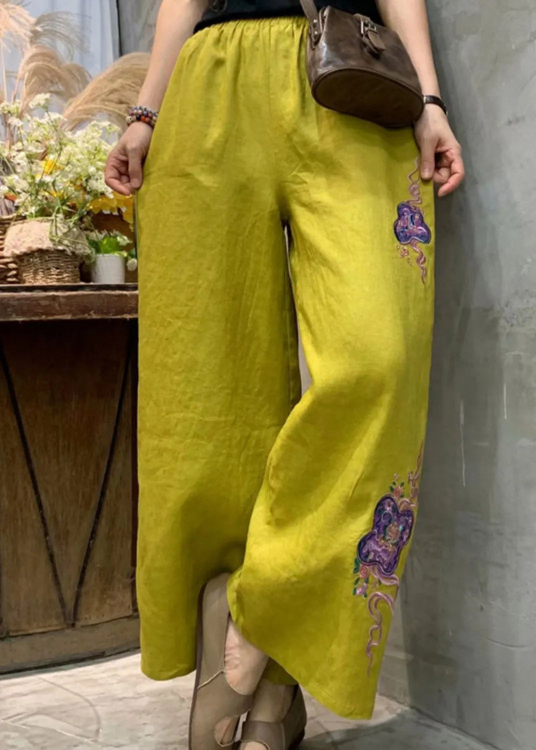 Yellow Embroideried Linen Wide Leg Pants Summer