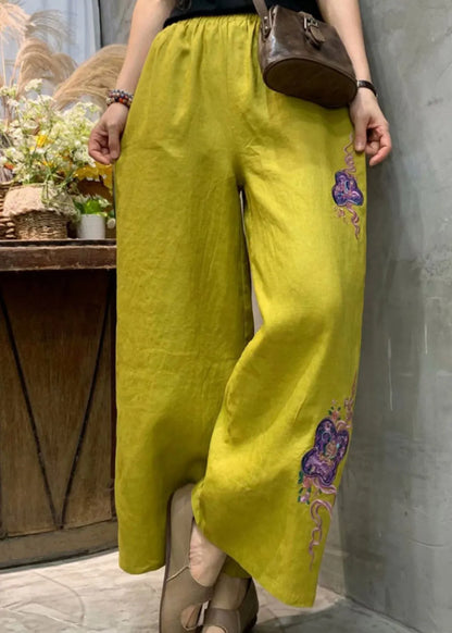 Yellow Embroideried Linen Wide Leg Pants Summer