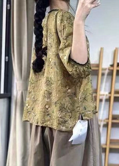 Green V Neck Ruffled Leaf Print Linen Shirts Lantern Sleeve