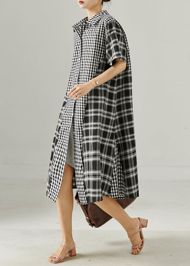 Grey Oversized Patchwork Plaid Linen Robe Dresses Summer