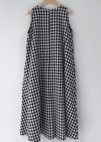 Black Plaid O Neck Patchwork Cotton Dress Sleeveless