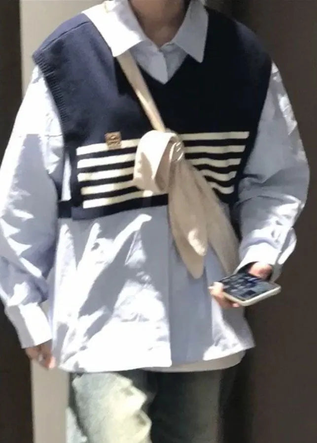 Black Striped Patchwork Knit Shawl and Light Blue Shirt Two Piece Set Long Sleeve